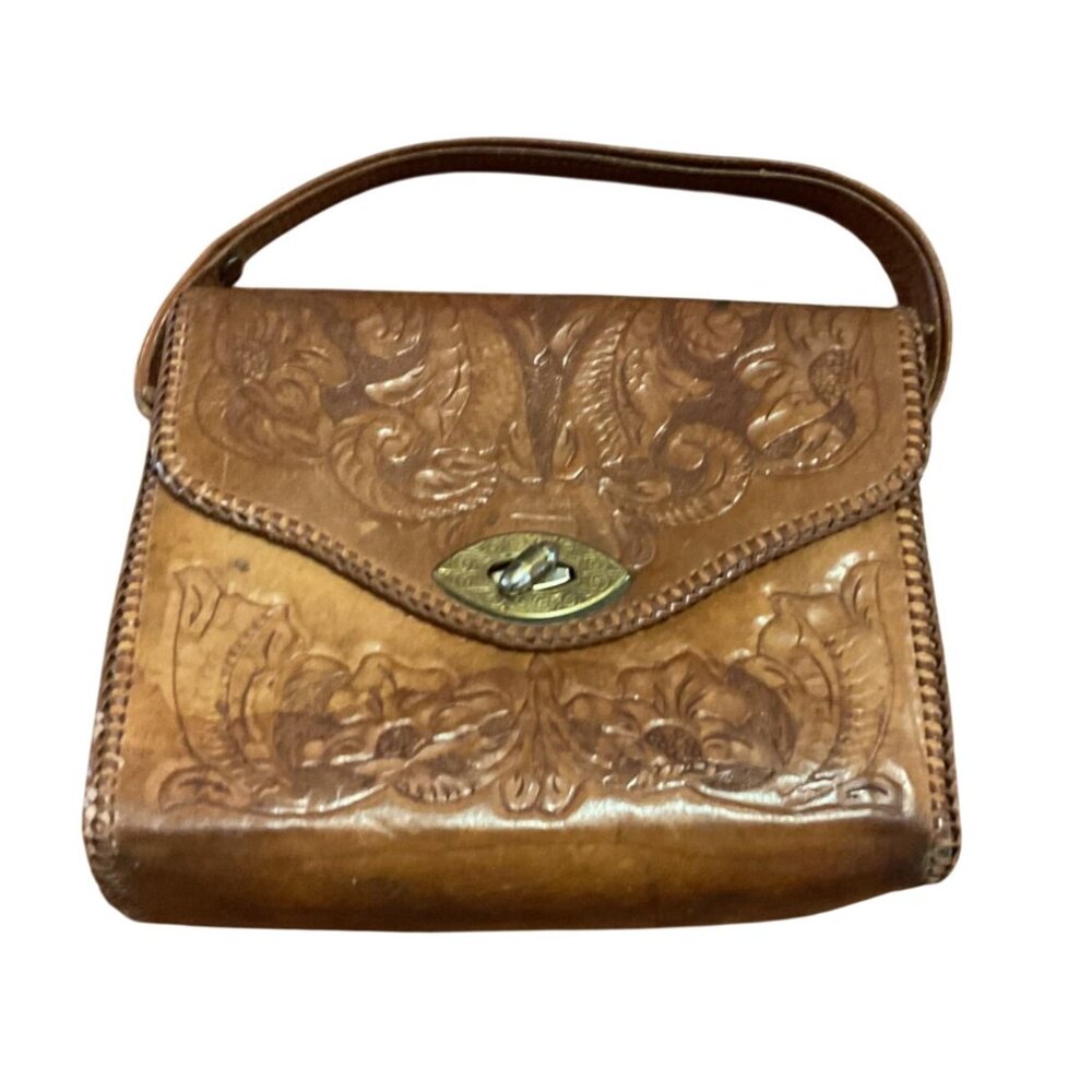 Vintage Handcrafted Tooled Leather Handbag With Florals Brass Turn Lock Closure
